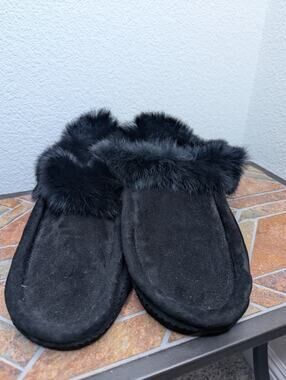 Genuine Rabbit Fur Men's Black Slippers 13 Soft Sole Lounge Casual Cottagecore
